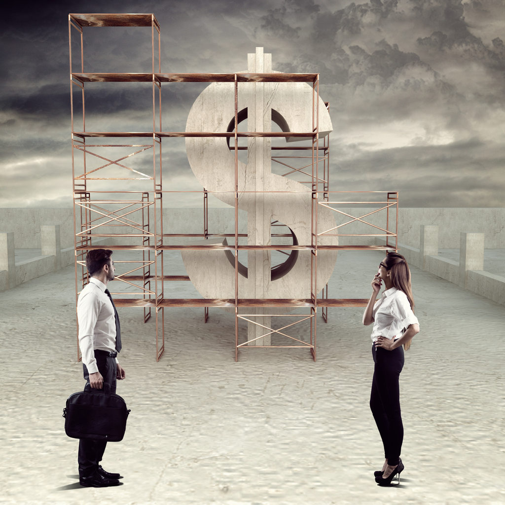 Man and woman look at scaffolding with a dollar sign in the background, representing value management and value engineering principles.